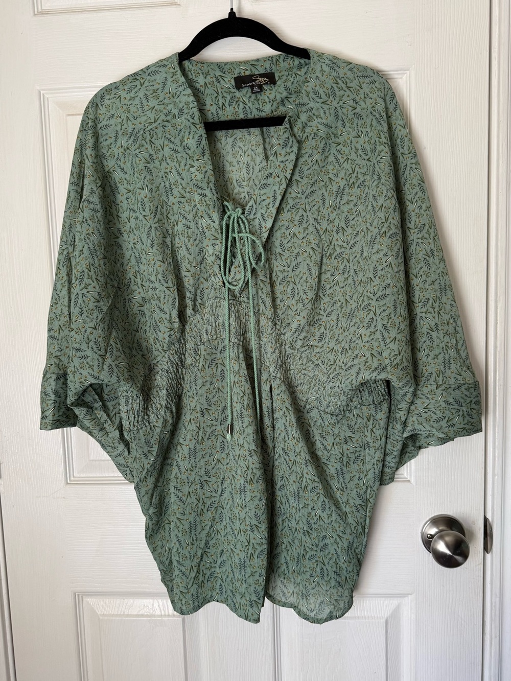 Suzanne Betro Sage Green Tie-Front Bell 3/4 Sleeves 2X Beautiful Sheer Blouse